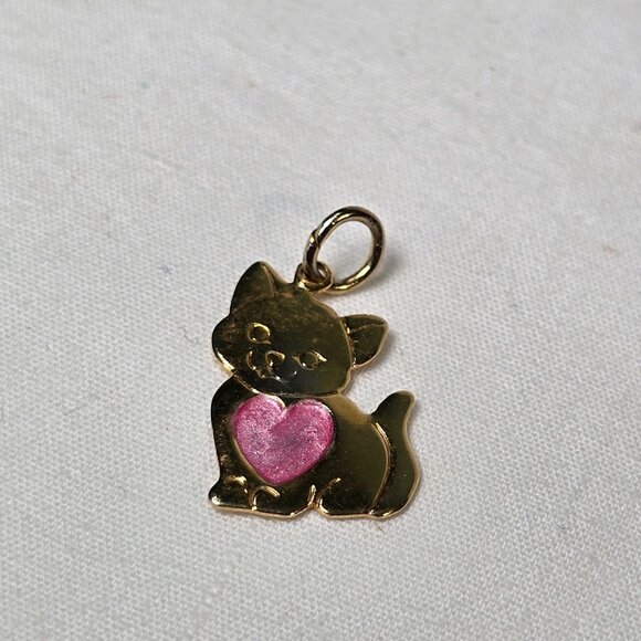 Kitty with Pink Heart Pendant Charm Fashion Jewelry Gold Tone Cat Love Kitten - Picture 2 of 8